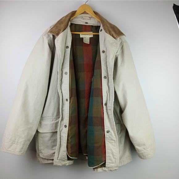 Eddie Bauer VTG SZ L Cotton Tan Chore Jacket Corduroy Collar Down Plaid Liner - Picture 3 of 11